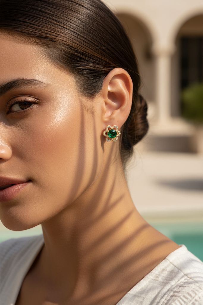 Ibiza emerald green floral crystal halo stud earrings on-ear lifestyle