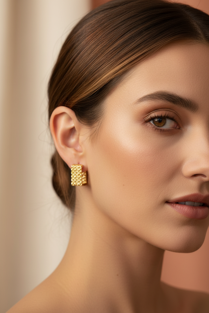 Cara Square Hoop Earrings worn on ear, lifestyle shot