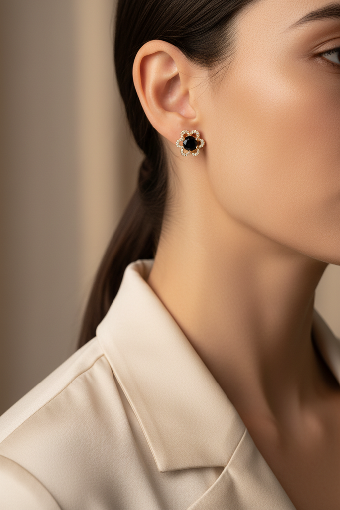 Ibiza midnight black floral crystal halo stud earrings on-ear lifestyle
