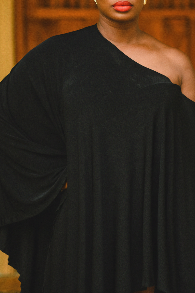 Malo Kaftan Dress - fabric drape and off-shoulder detail close-up