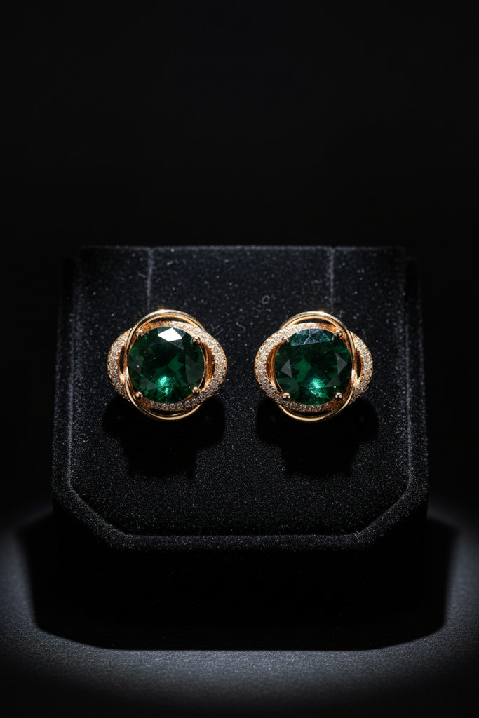 Kensington oversized green emerald stud earrings on dark velvet tray