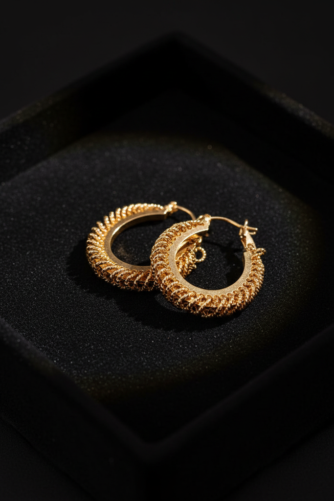Monaco gold textured rope hoop earrings on dark velvet jewelry tray