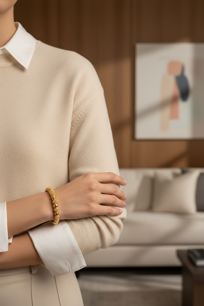 Ronasn gold beaded bangle bracelet everyday outfit styling