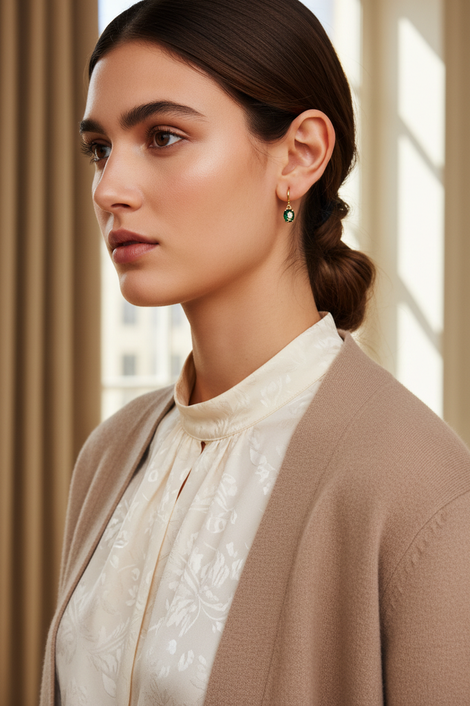 London emerald and rose drop earrings styled with everyday chic outfit