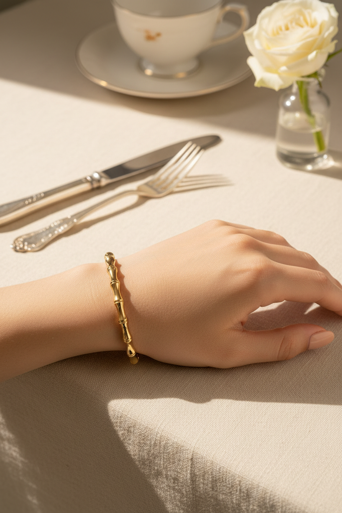 Rome gold bamboo bangle on-wrist single wear