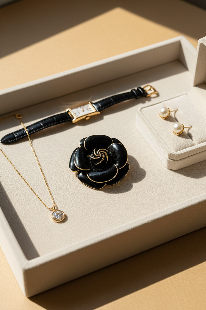 Black enamel rose brooch with gold trim on cream velvet tray display