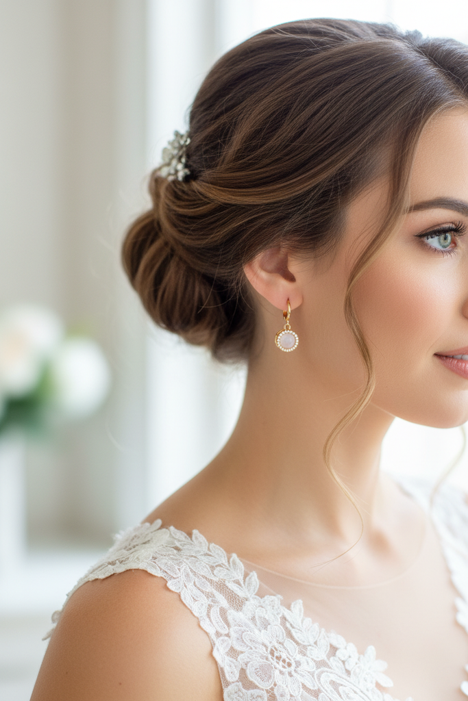 Ines white moonstone halo drop earrings on-ear lifestyle shot