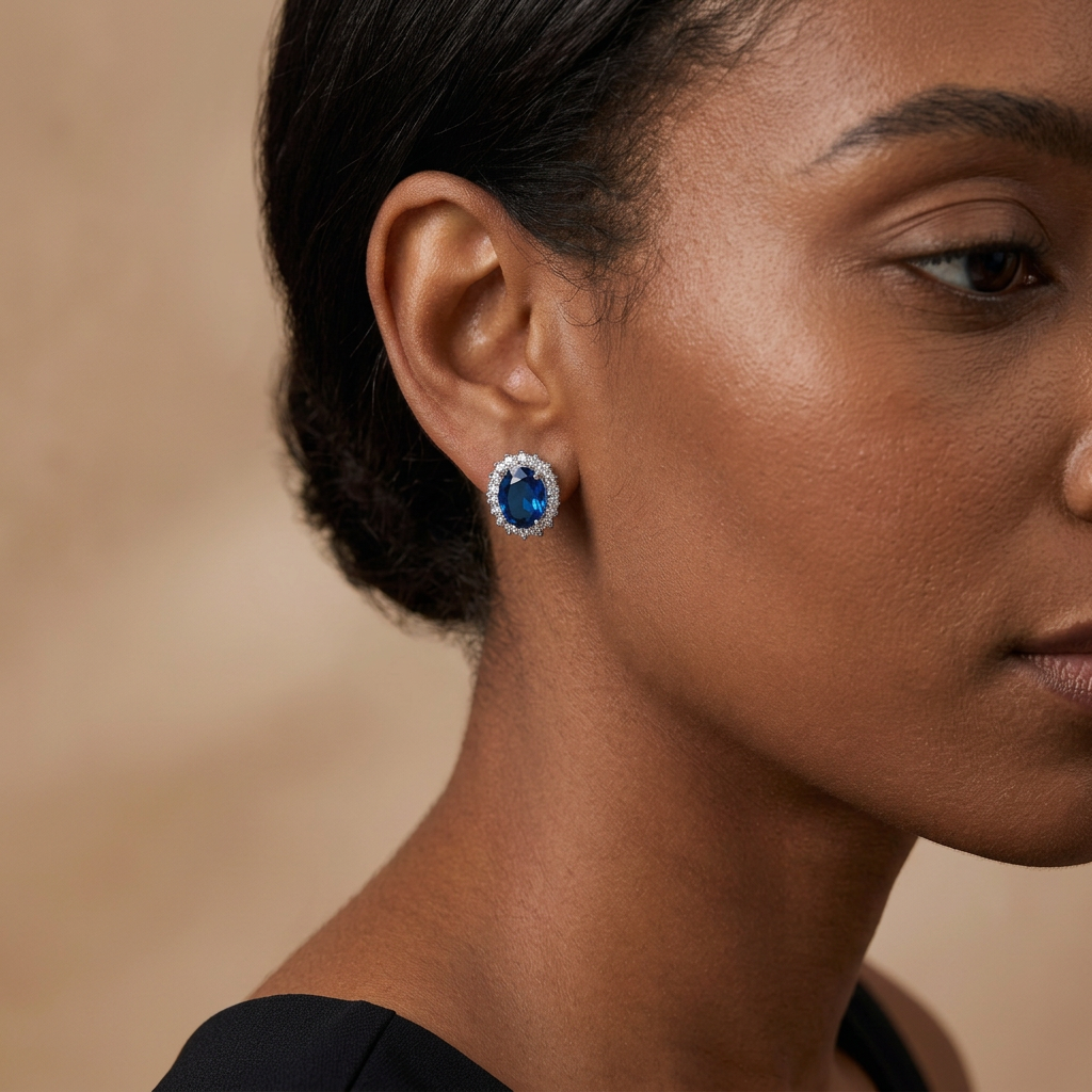 Vinan blue halo stud earring worn up close with black styling