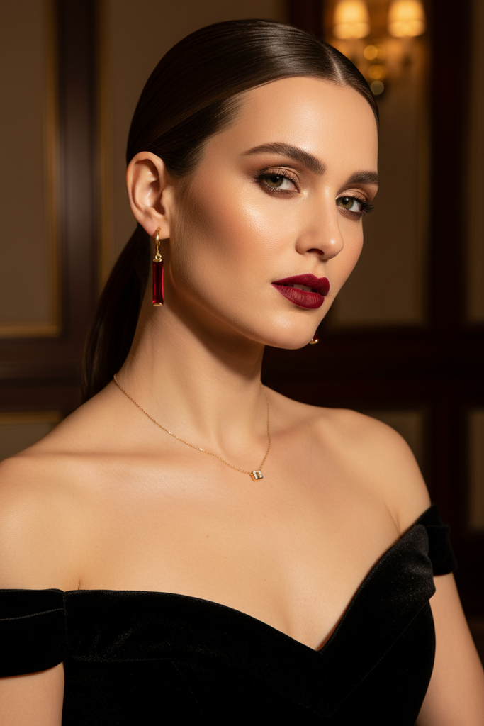 Roisin red resin drop earrings styled with chic evening outfit