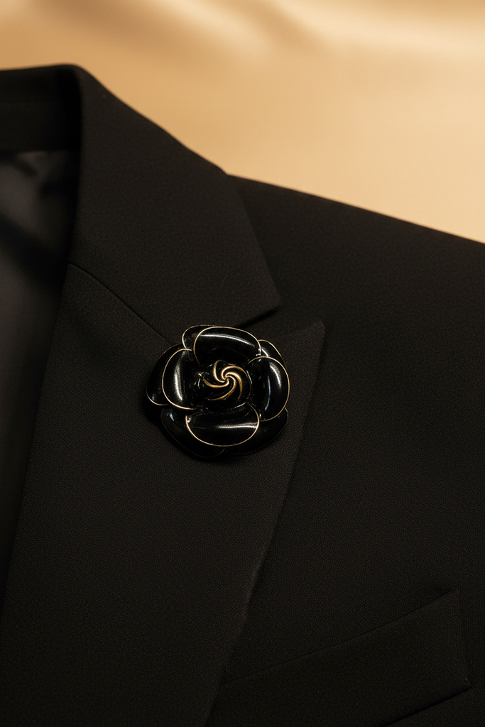 Black enamel rose brooch with gold trim pinned on black blazer lapel