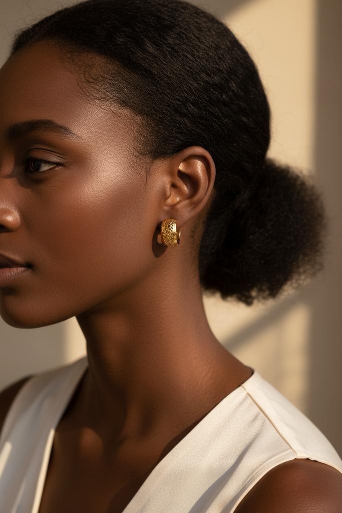 London mini gold filigree hoop earrings worn on ear lifestyle shot