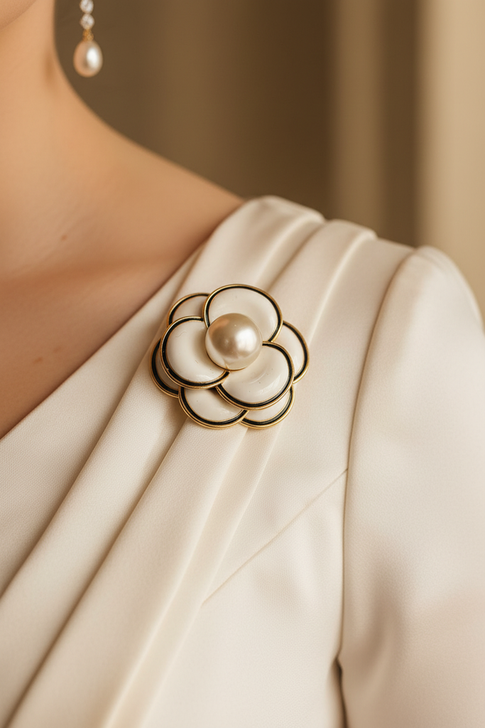 Ivory petal pearl bloom brooch pinned on bridal wedding dress