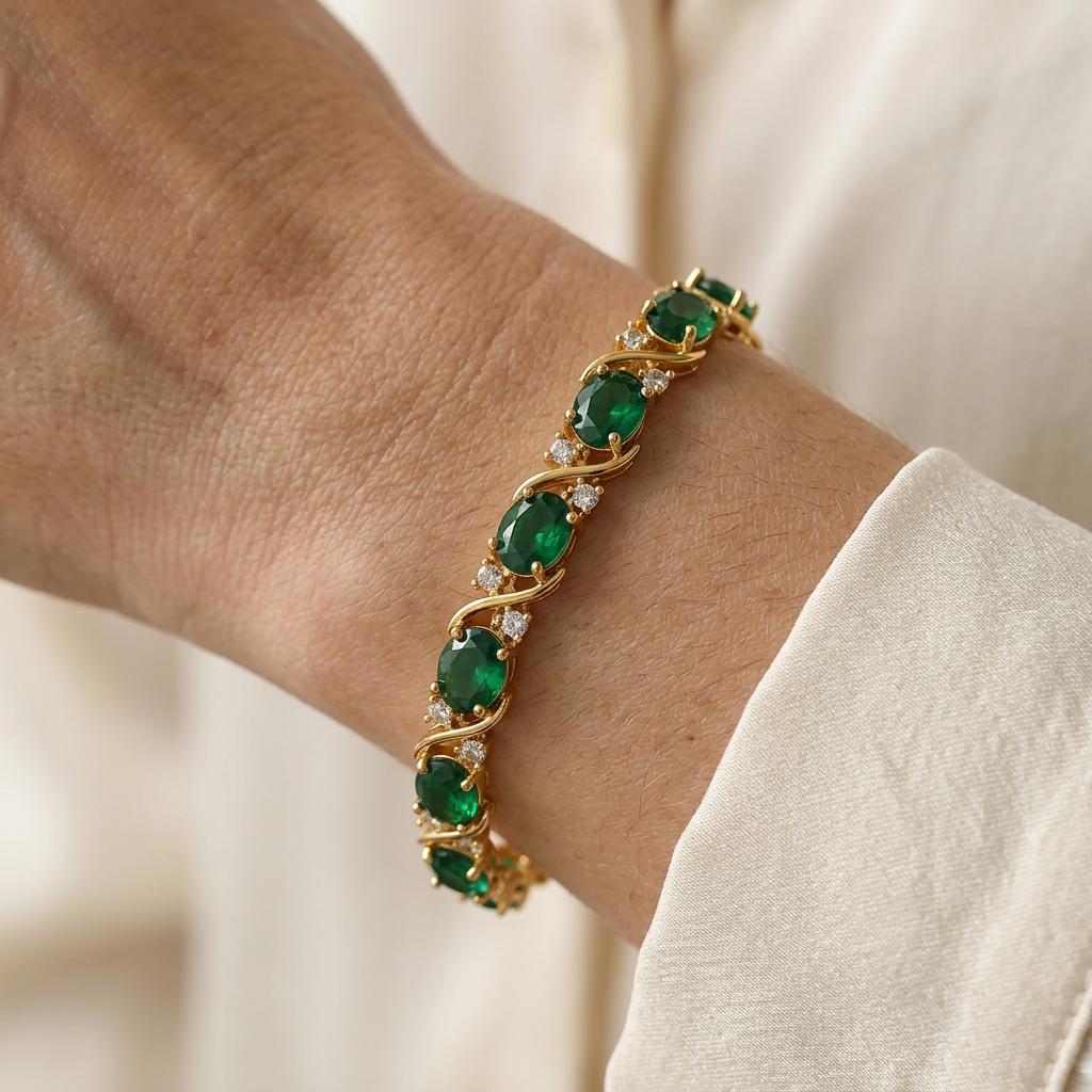 Merreith green faux stone bracelet worn with a cream blouse