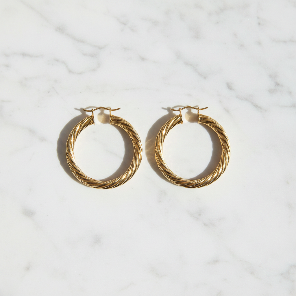 Efia gold plated twist hoop earrings flat lay on white marble