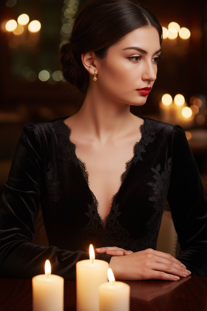 Maddox gold filigree ball drop earrings styled with romantic dinner outfit