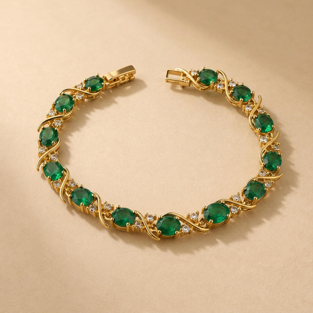 Merreith green faux stone bracelet with gold-tone curves on ivory