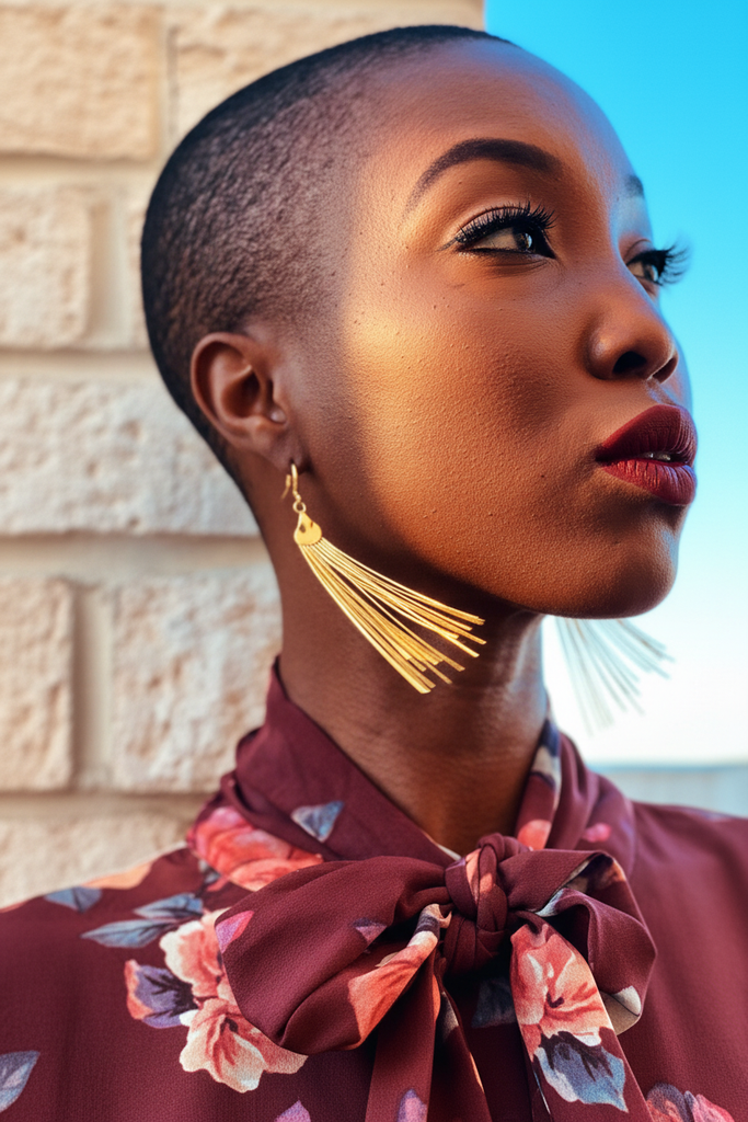 Georgie gold fringe tassel earrings in motion dynamic editorial shot