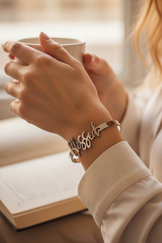 Blessed stainless steel script cuff bracelet on-wrist single wear