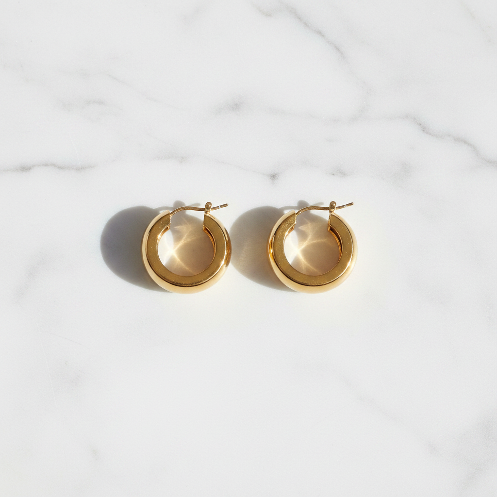 Aponi thick chunky gold stainless steel hoop earrings flat lay on white marble