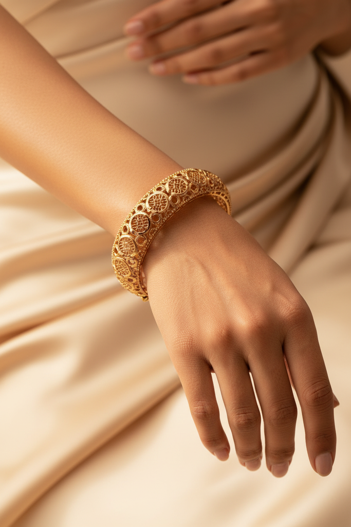 Minnie gold filigree bangle on-wrist single wear