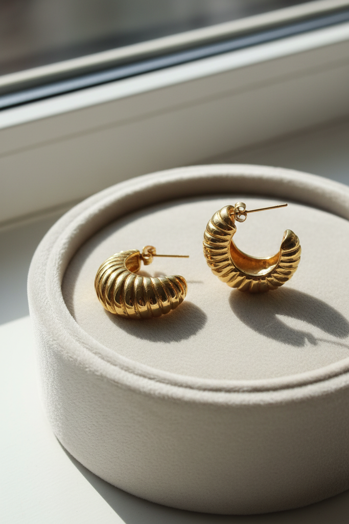Zurich gold shrimp hoop earrings on cream velvet jewelry tray
