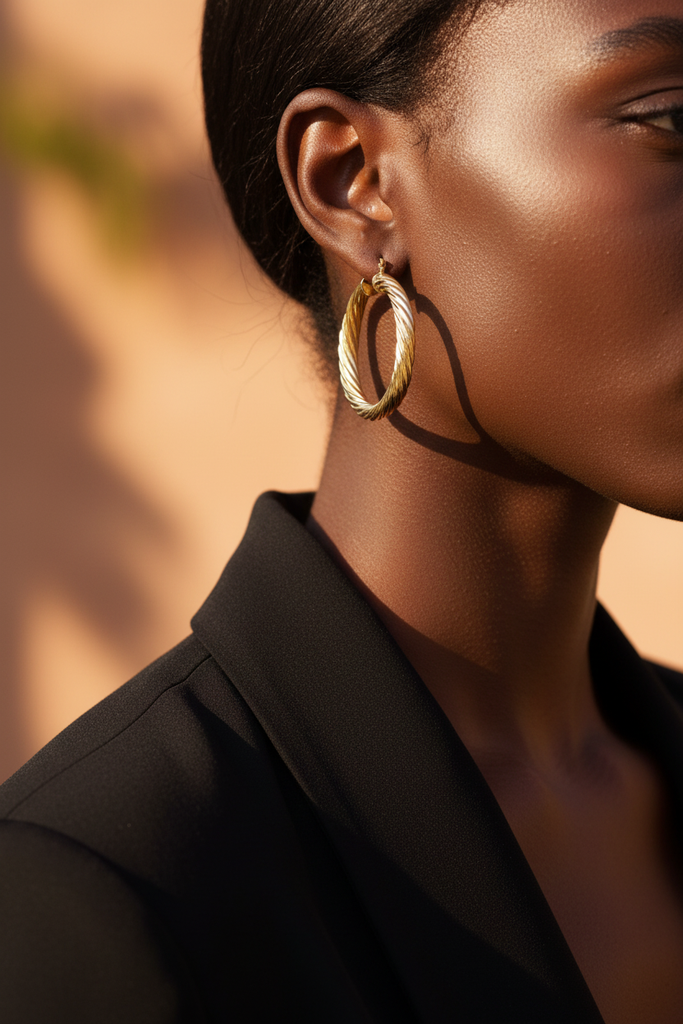 Efia gold twist hoop earrings on-ear close-up lifestyle editorial shot