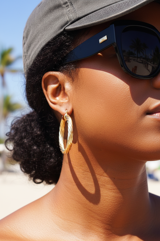 Efia gold twist hoop earrings outdoor summer lifestyle shot