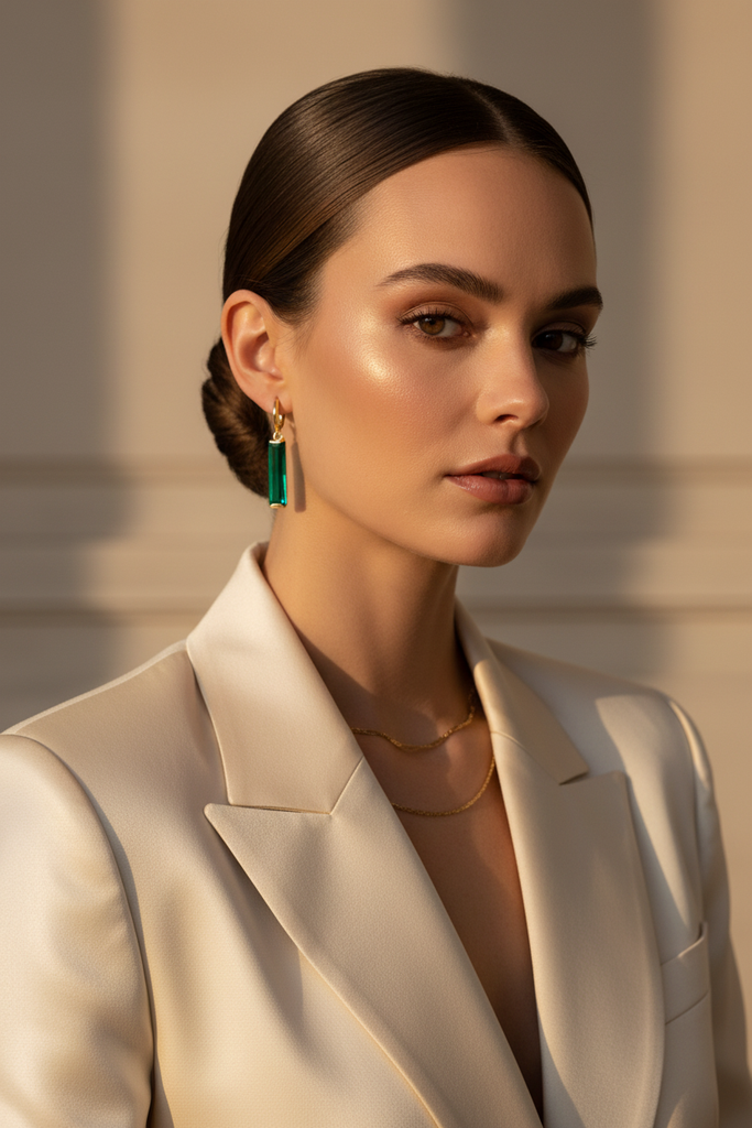 Roisin green resin drop earrings styled with chic elegant outfit