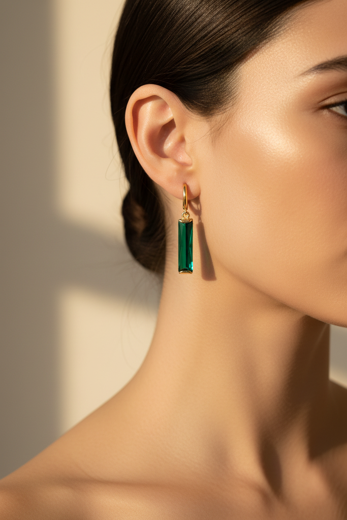 Roisin green resin drop earrings on-ear lifestyle shot