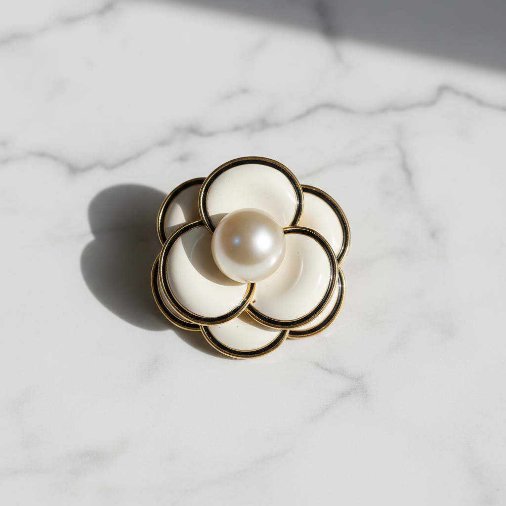Ivory petal pearl bloom brooch flat lay on white marble