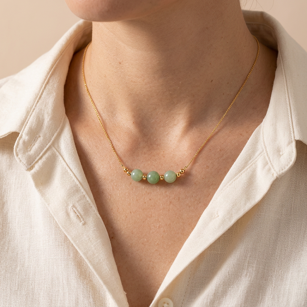 Orla green bead necklace worn with a cream blouse