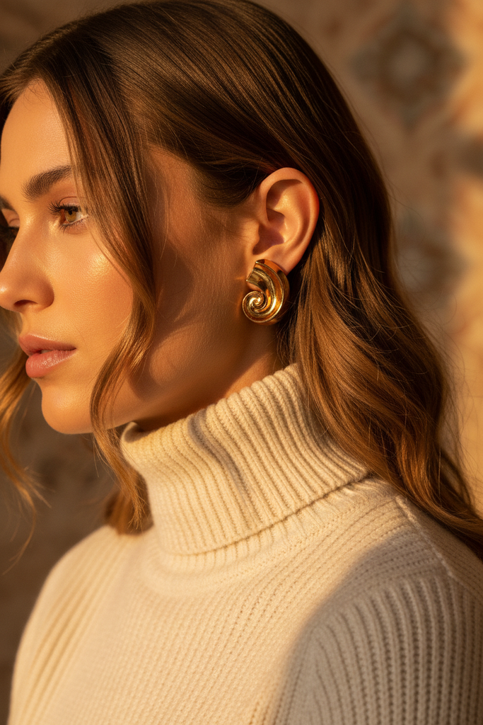 Kilgory gold swirl statement earrings on-ear lifestyle shot