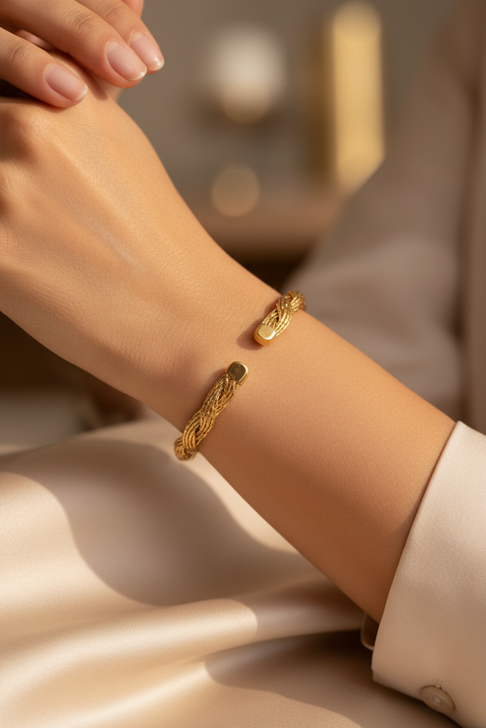 Dayo twist gold braided cuff bracelet on-wrist single wear