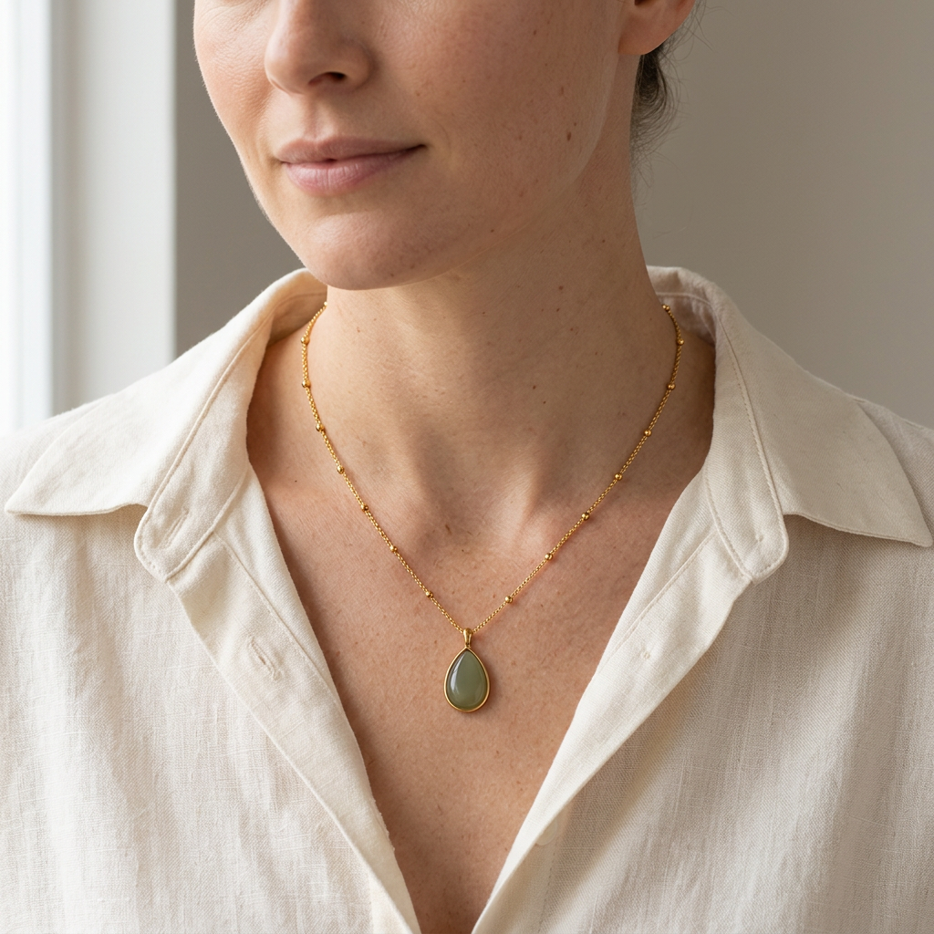 Diya green teardrop necklace worn with a cream blouse