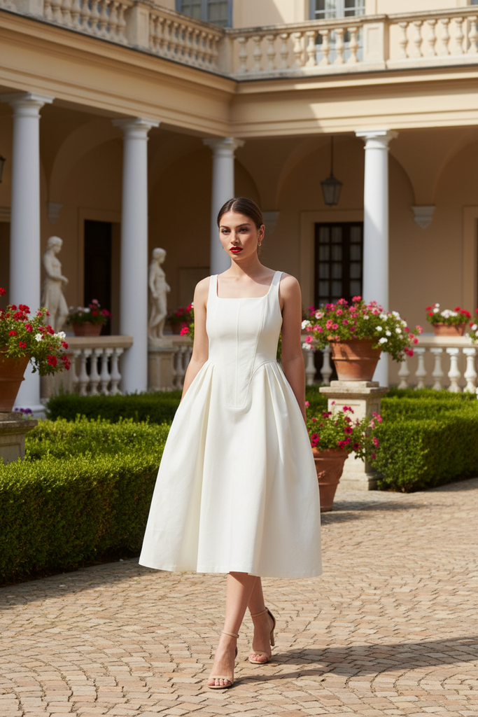 Ezra White Pleated Day Dress - European courtyard garden walking