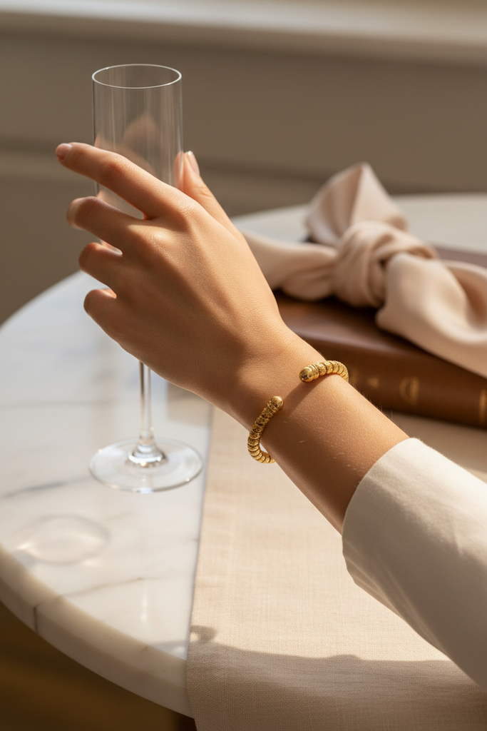 Liya textured beaded gold open cuff bracelet on-wrist single wear