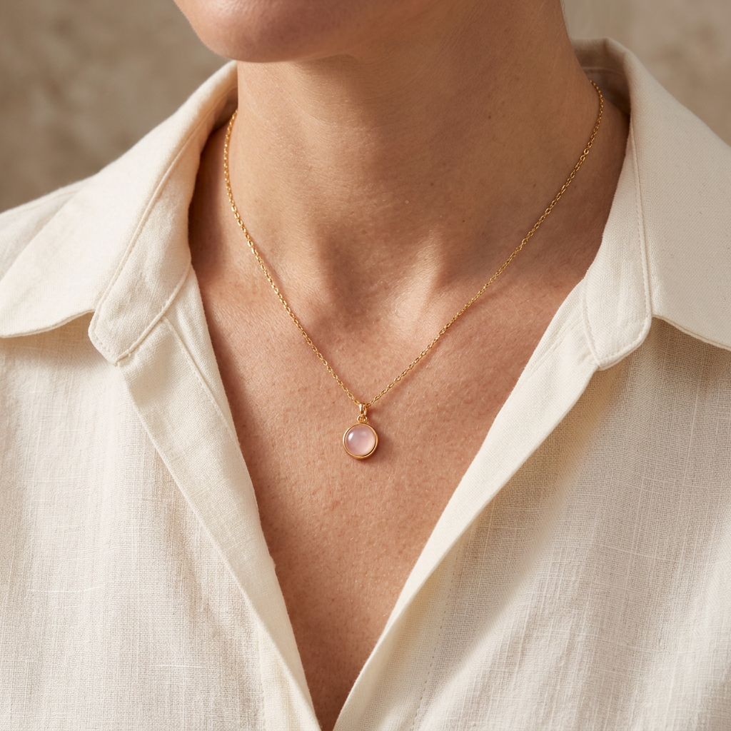 Lydia pink pendant necklace worn with a cream blouse