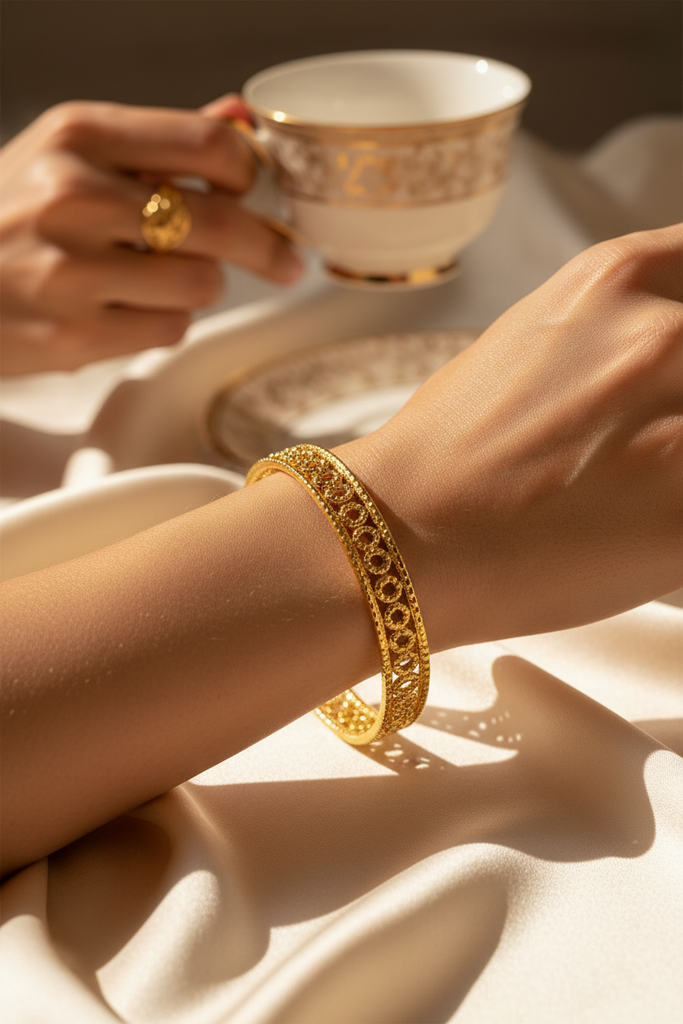 Isabella wide gold floral filigree open cuff bracelet on-wrist single wear