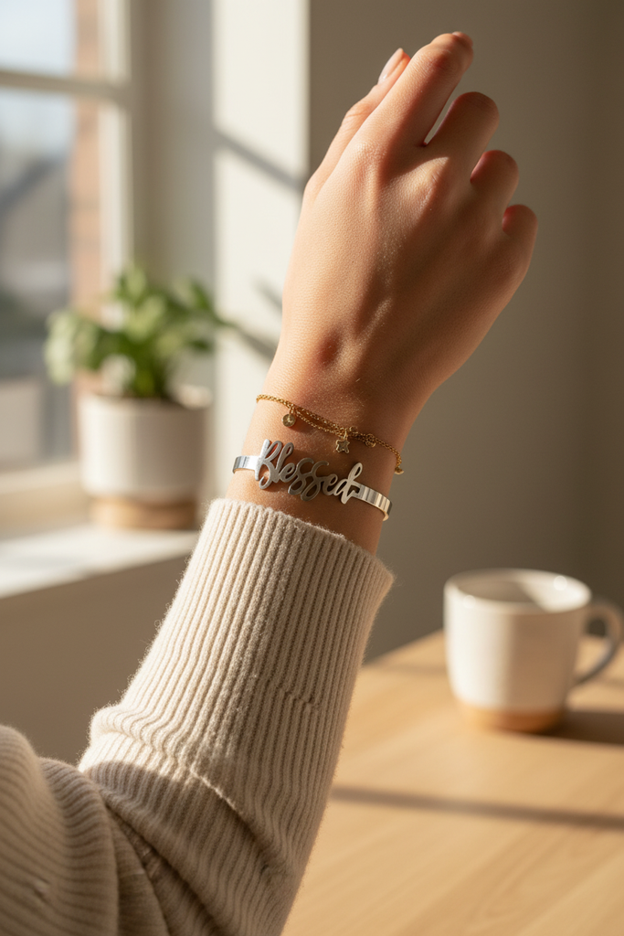 Blessed stainless steel script cuff bracelet casual everyday styling