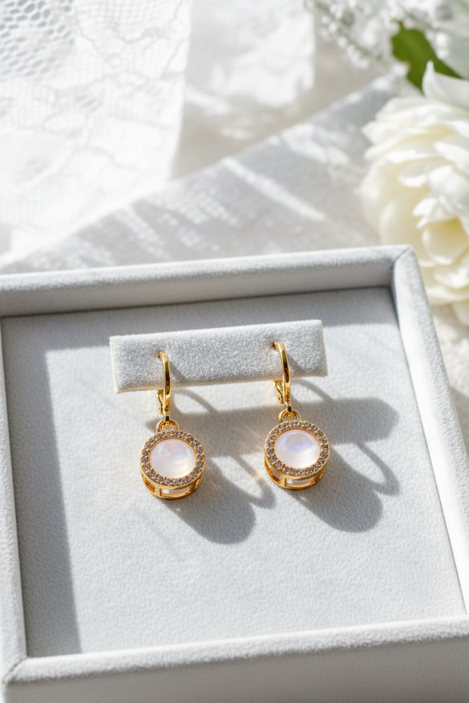 Ines white moonstone halo drop earrings on white velvet jewelry tray