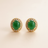 Belvedere Green Stud Earrings - oval green cabochon with gold and diamond halo