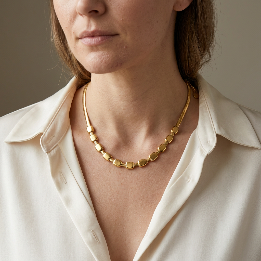 Collette necklace worn with a cream blouse