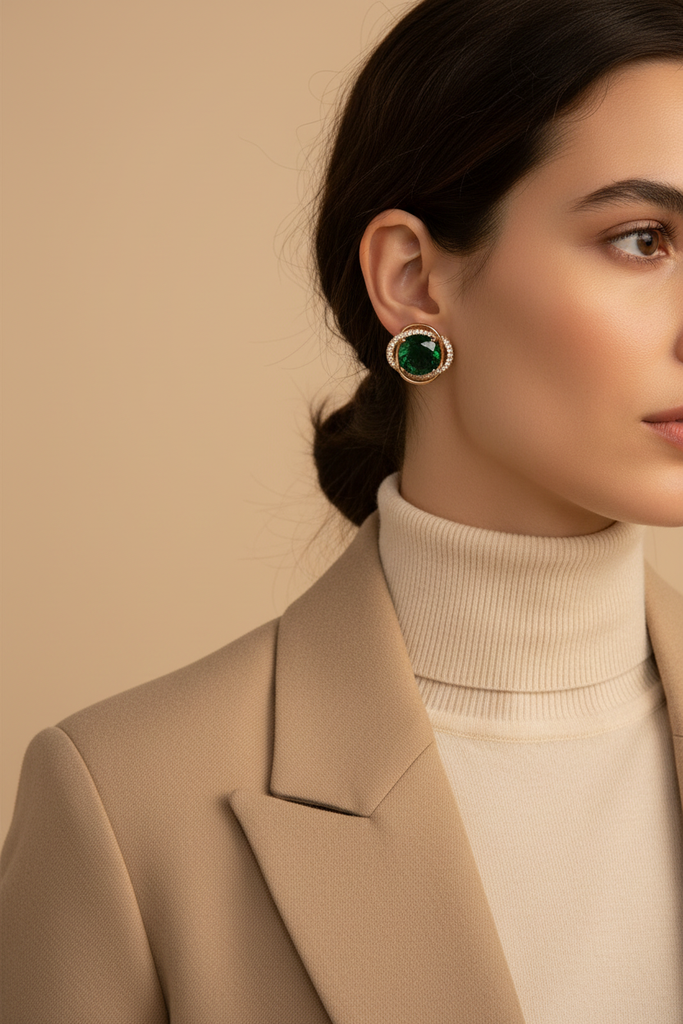 Kensington oversized green emerald stud earrings styled with everyday chic outfit