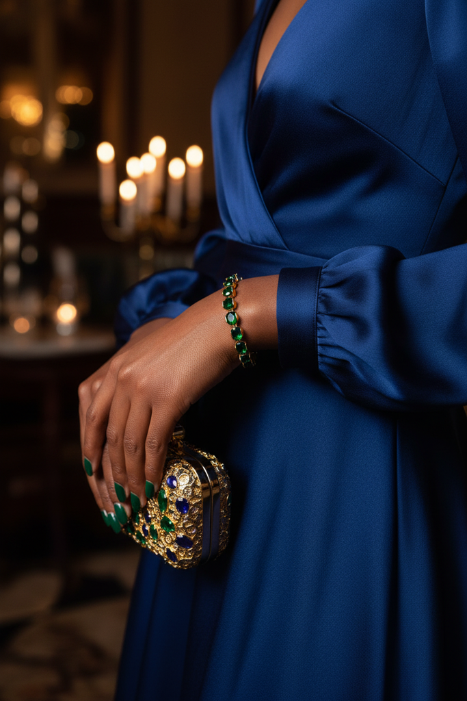 Chepi oval emerald tennis bracelet evening cocktail styling