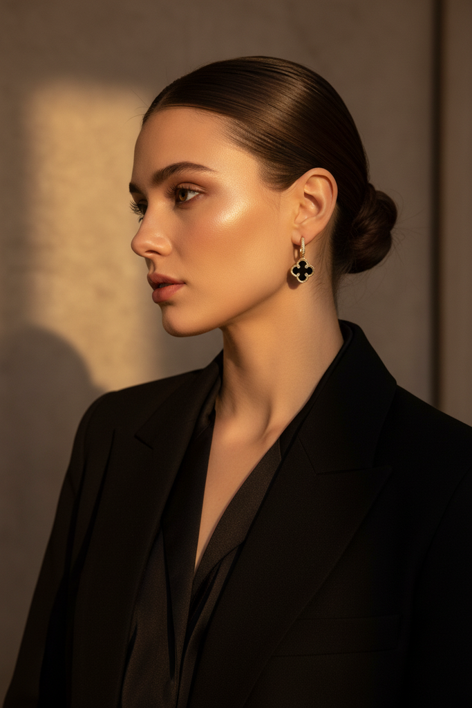 Madrid floral motif drop earrings styled with all-black outfit editorial shot