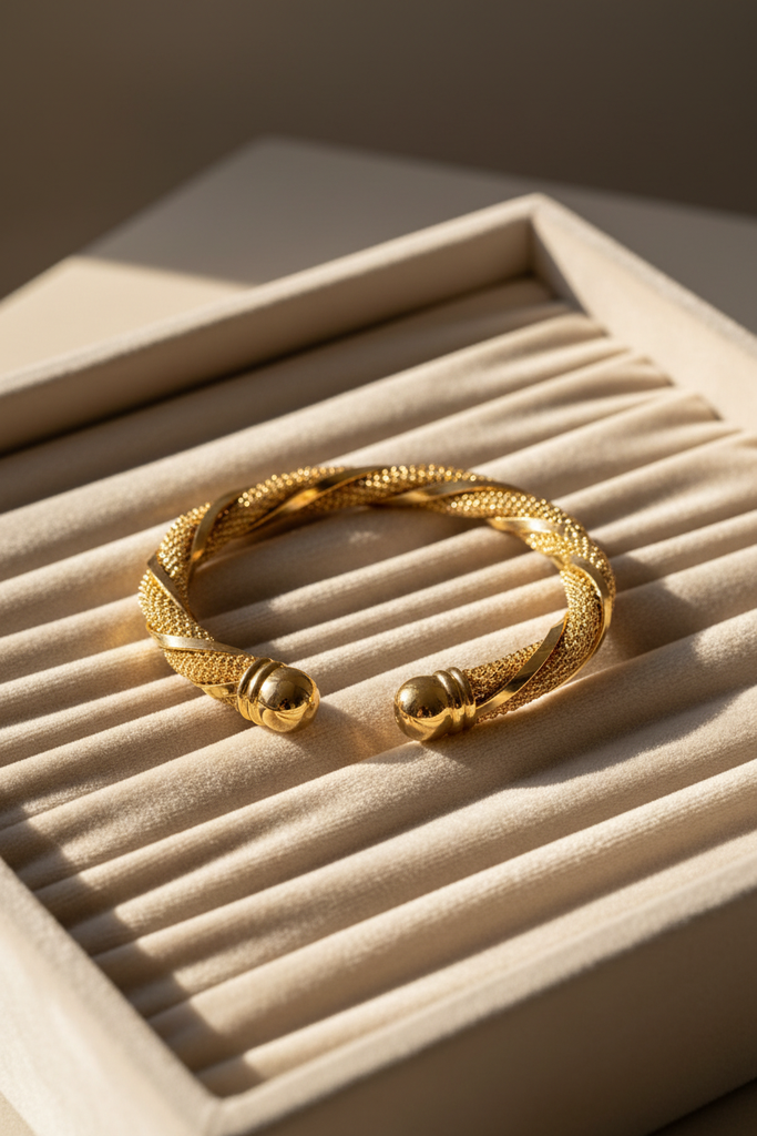 Worthington twisted gold mesh cuff bracelet cream velvet tray display
