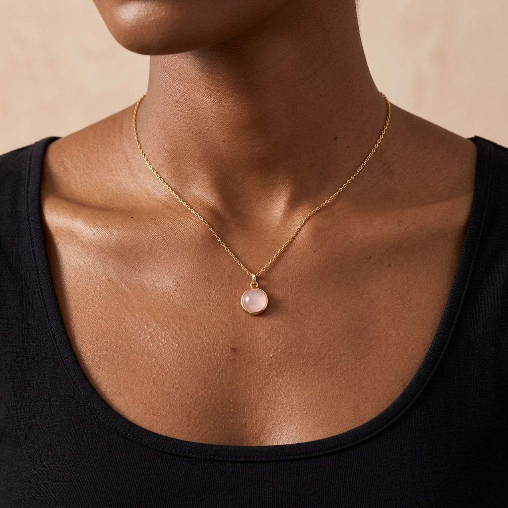 Lydia pink pendant necklace worn with a black top