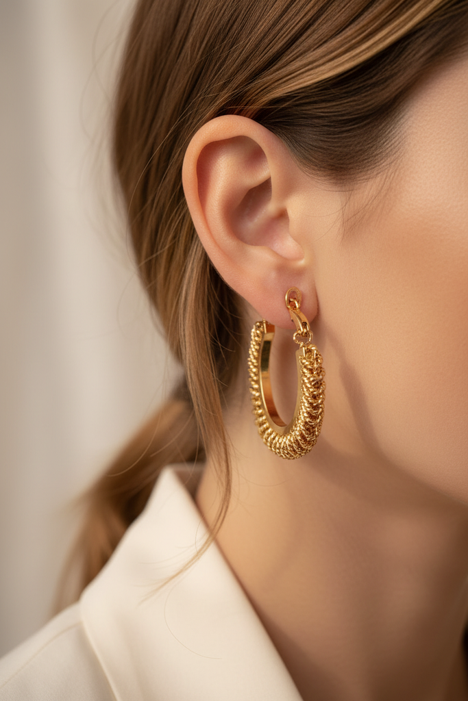 Monaco gold textured rope hoop earrings side profile close-up on ear