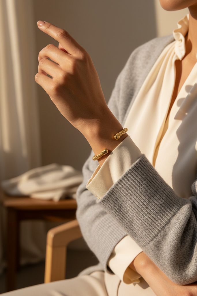 Liya textured beaded gold open cuff bracelet everyday outfit styling