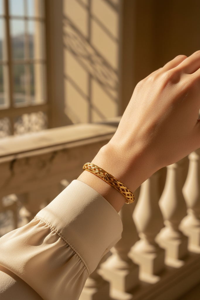 Valencia gold lattice bangle on-wrist single wear
